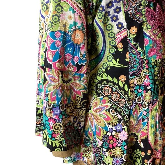 Bleu Bayou Boho Hippie Colorful Pleated Beaded Cotton Top L #328D - Picture 7 of 10